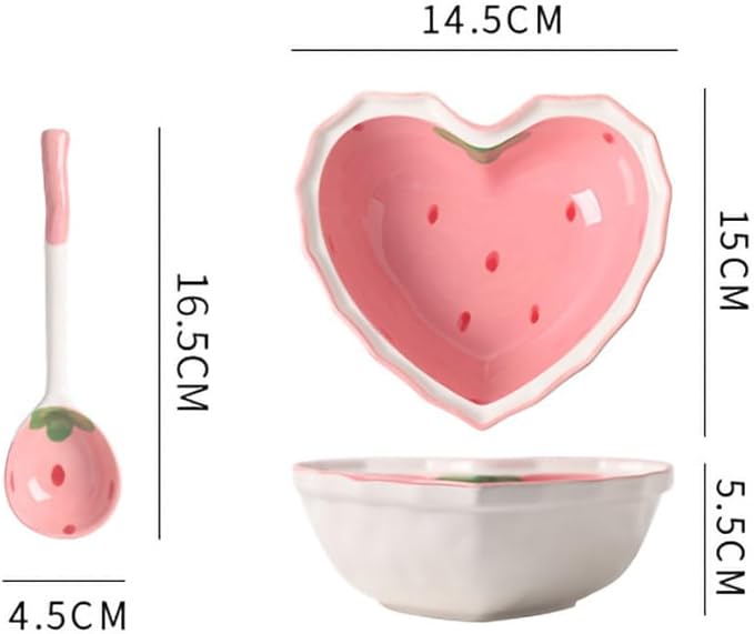 Heart Shape Ceramic Dinnerware Set, Cute Strawberry Tableware Set, Dessert Plate, Salad Bowl, Appetizer Snack Mixing Bowl with Spoon - Pink Set