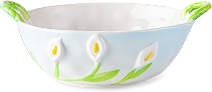 Handmade Ceramic Floral Fruit Bowl with Handles, 3D Hand-Painted Calla Lily Flower Design Serving Dish, Decorative Bowls for Home Decor, Soup, Pasta, Cereal, Salad & Snacks, 24 oz