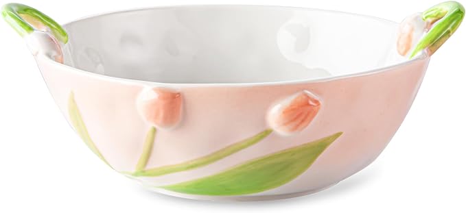 Handmade Ceramic Floral Fruit Bowl with Handles, 3D Hand-Painted Lutip Flower Design Serving Dish, Decorative Bowls for Home Decor, Soup, Pasta, Cereal, Salad & Snacks, 24 oz