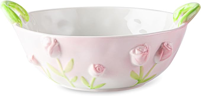 Handmade Ceramic Floral Fruit Bowl with Handles, 3D Hand-Painted Rose Flower Design Serving Dish, Decorative Bowls for Home Decor, Soup, Pasta, Cereal, Salad & Snacks, 24 oz