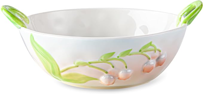 Handmade Ceramic Floral Fruit Bowl with Handles, 3D Hand-Painted Lily of the Valley Flower Design Serving Dish, Decorative Bowls for Home Decor, Soup, Pasta, Cereal, Salad & Snacks, 24 oz