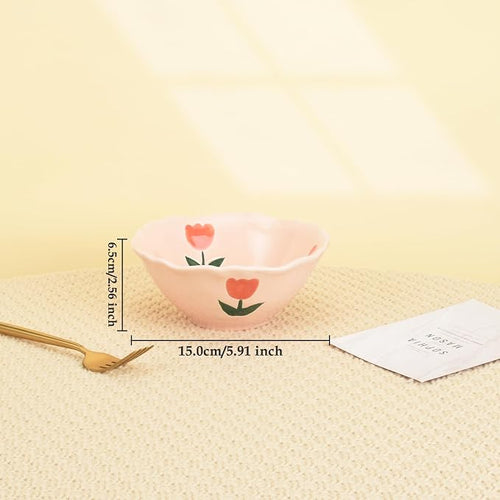Flower Shaped Ceramic Soup Bowl, Pink Floret Cereal Salad Bowl | Delicate Floret Bowl For Daily Oatmeal Salad; Microwave Safe, Sweet Kitchen Table Decor