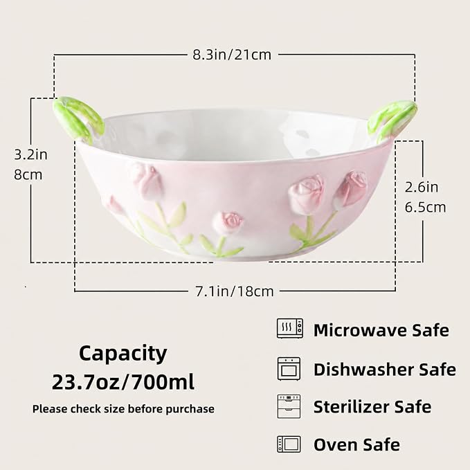 Handmade Ceramic Floral Fruit Bowl with Handles, 3D Hand-Painted Rose Flower Design Serving Dish, Decorative Bowls for Home Decor, Soup, Pasta, Cereal, Salad & Snacks, 24 oz