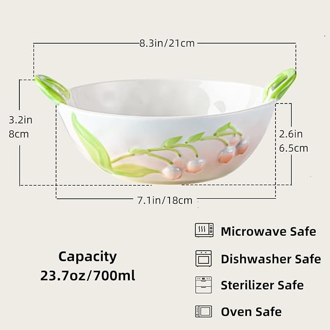Handmade Ceramic Floral Fruit Bowl with Handles, 3D Hand-Painted Lily of the Valley Flower Design Serving Dish, Decorative Bowls for Home Decor, Soup, Pasta, Cereal, Salad & Snacks, 24 oz