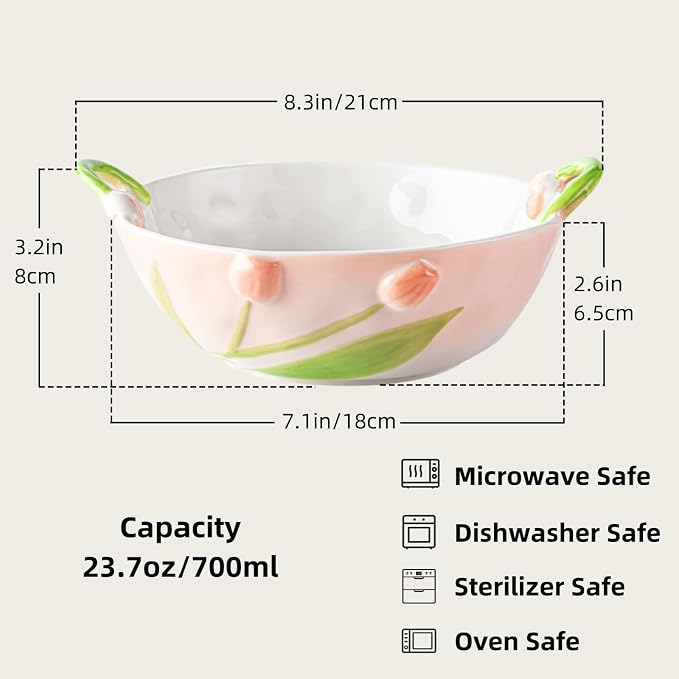 Handmade Ceramic Floral Fruit Bowl with Handles, 3D Hand-Painted Lutip Flower Design Serving Dish, Decorative Bowls for Home Decor, Soup, Pasta, Cereal, Salad & Snacks, 24 oz