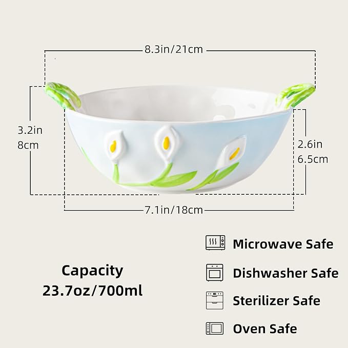 Handmade Ceramic Floral Fruit Bowl with Handles, 3D Hand-Painted Calla Lily Flower Design Serving Dish, Decorative Bowls for Home Decor, Soup, Pasta, Cereal, Salad & Snacks, 24 oz