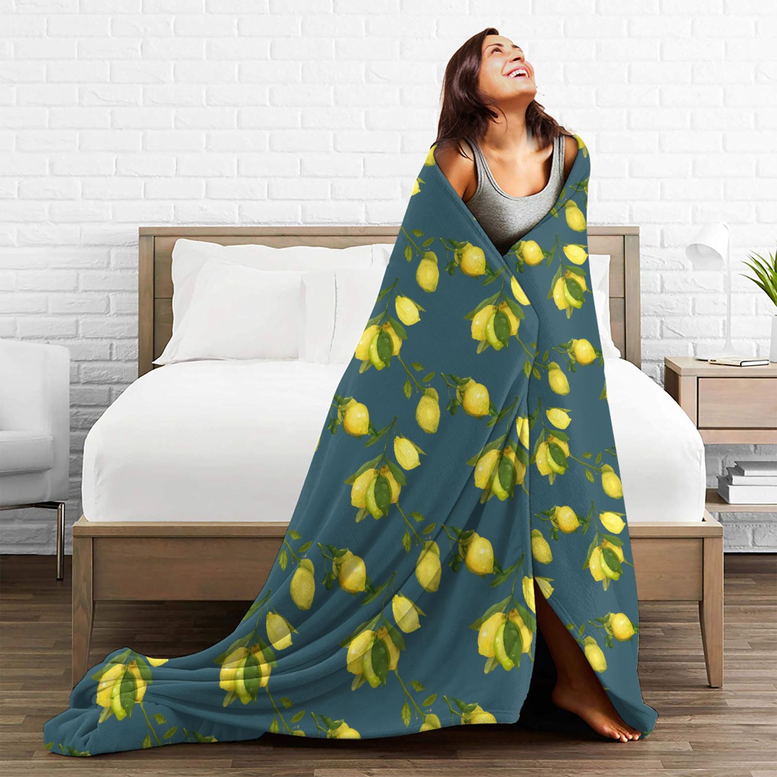 Personalized Lemon Watercolor Sherpa Blanket Print Blanket Ultra-Soft Microfleece Cozy Fleece Throw