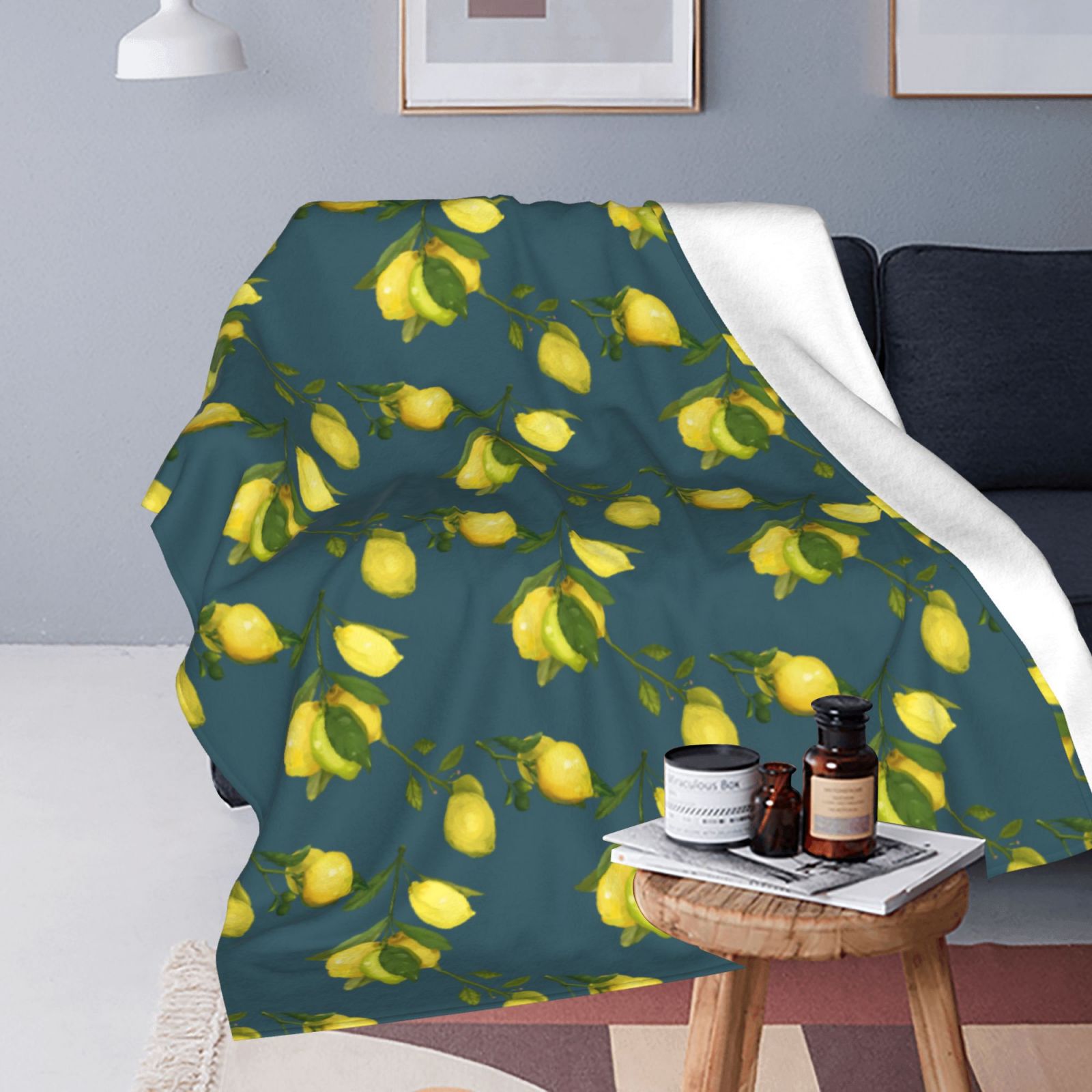 Personalized Lemon Watercolor Sherpa Blanket Print Blanket Ultra-Soft Microfleece Cozy Fleece Throw