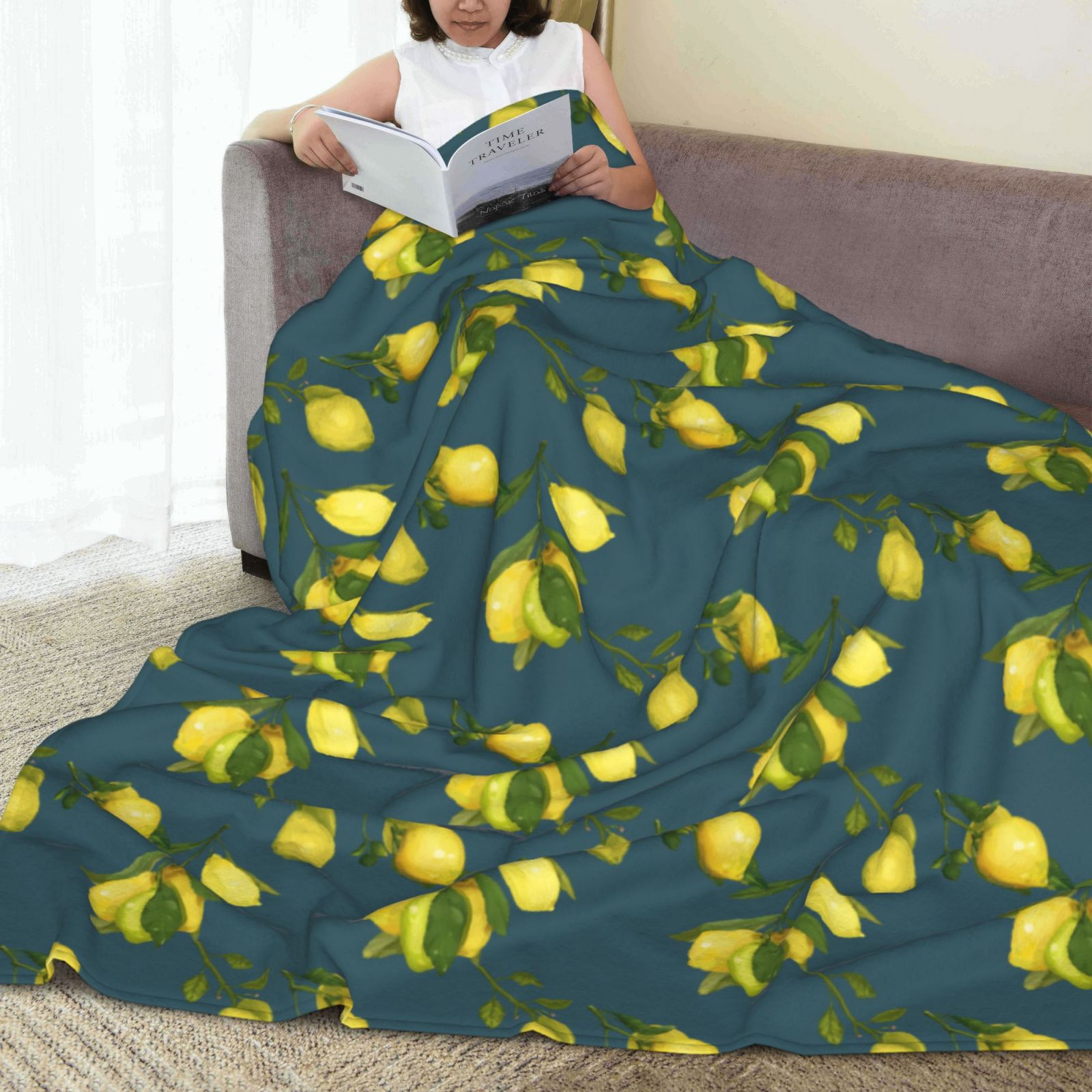 Personalized Lemon Watercolor Sherpa Blanket Print Blanket Ultra-Soft Microfleece Cozy Fleece Throw