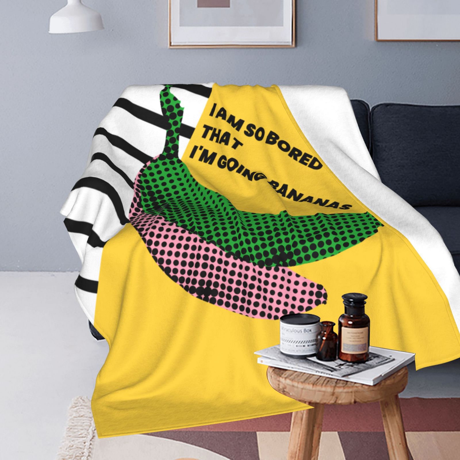 Personalized Poppy Banana Print Blanket Ultra-Soft Microfleece Cozy Fleece Throw
