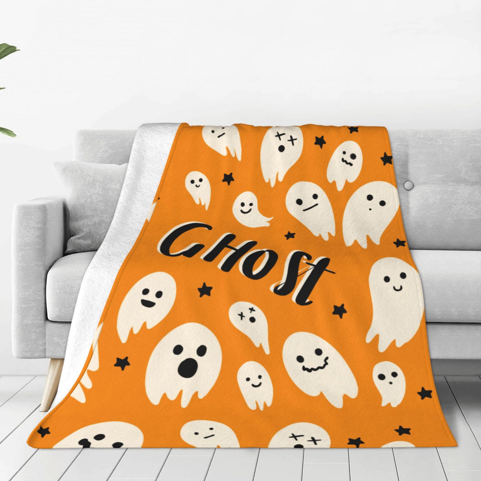 Personalized Print Cute Cartoon Ghost Yellow Blanket Ultra-Soft Cozy Fleece Throw