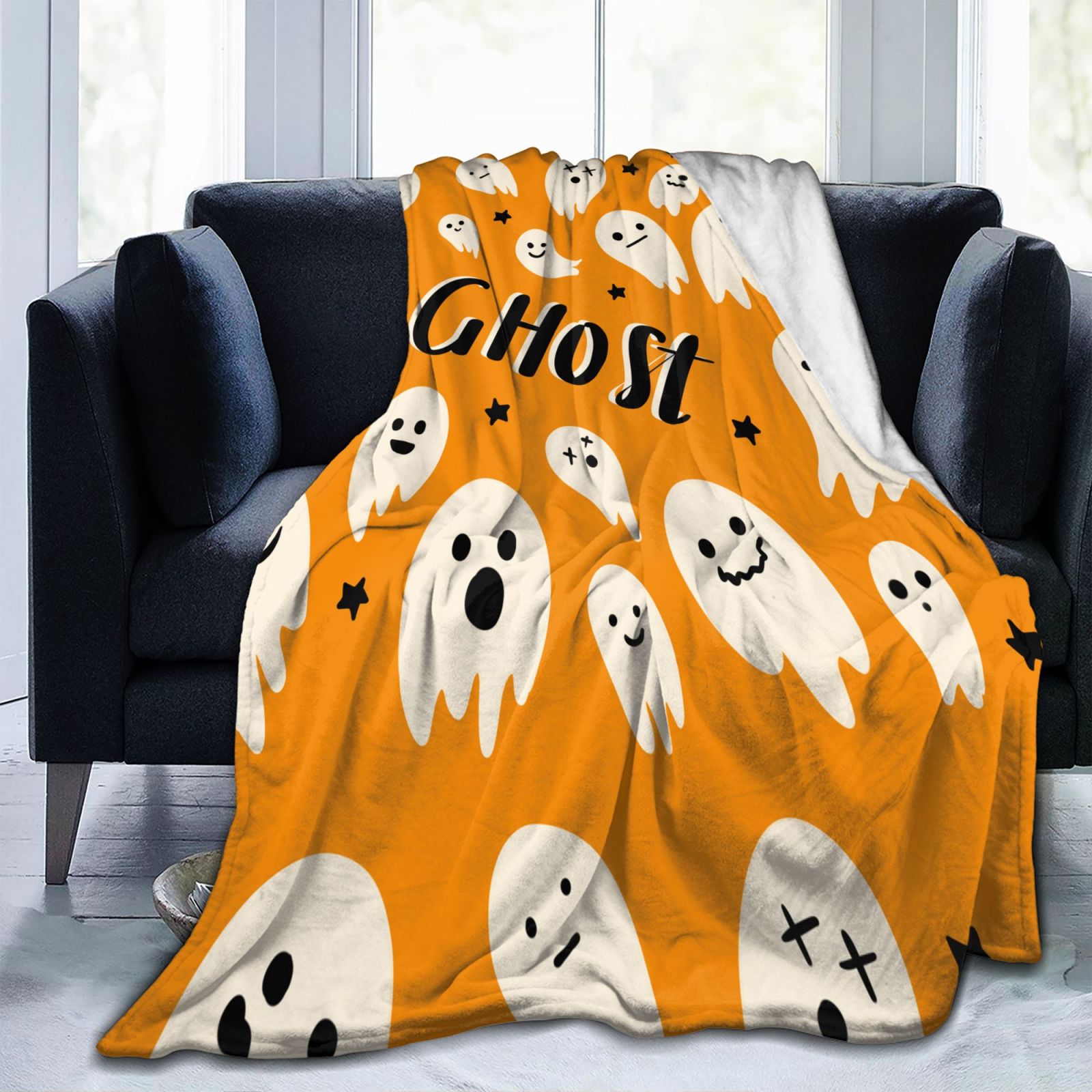 Personalized Print Cute Cartoon Ghost Yellow Blanket Ultra-Soft Cozy Fleece Throw