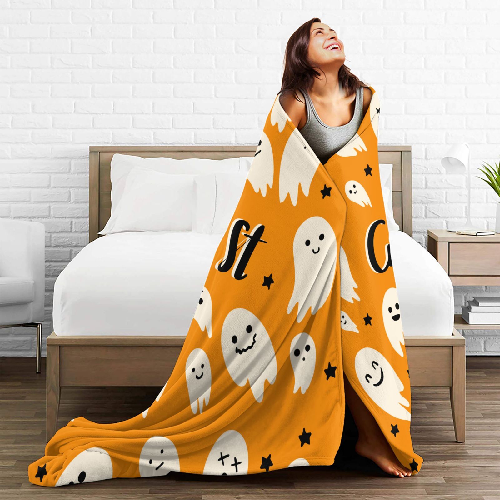 Personalized Print Cute Cartoon Ghost Yellow Blanket Ultra-Soft Cozy Fleece Throw