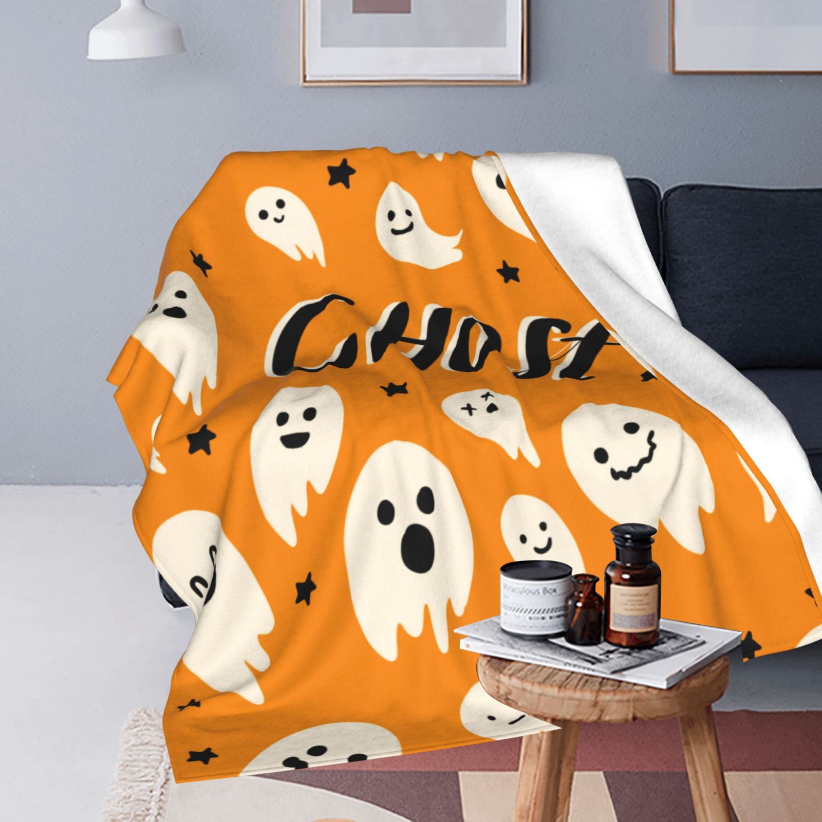 Personalized Print Cute Cartoon Ghost Yellow Blanket Ultra-Soft Cozy Fleece Throw