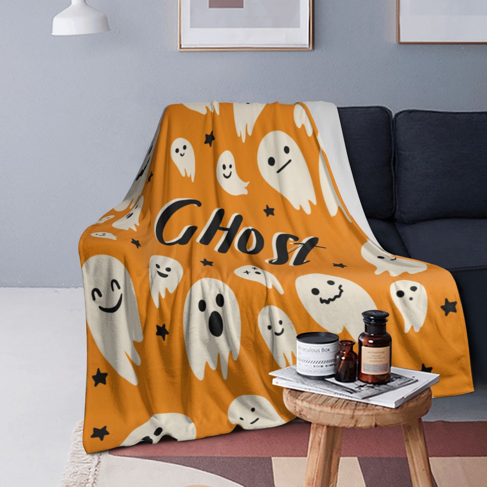 Personalized Print Cute Cartoon Ghost Yellow Blanket Ultra-Soft Cozy Fleece Throw