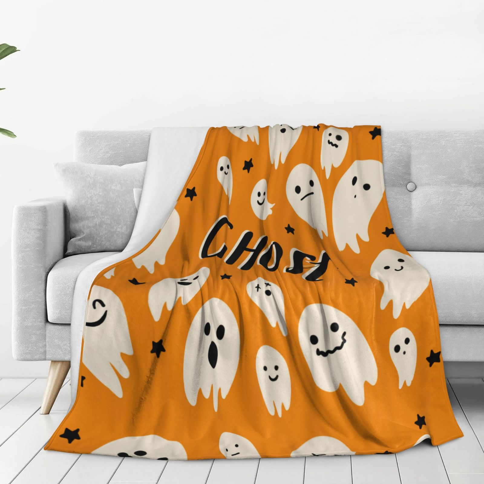 Personalized Print Cute Cartoon Ghost Yellow Blanket Ultra-Soft Cozy Fleece Throw