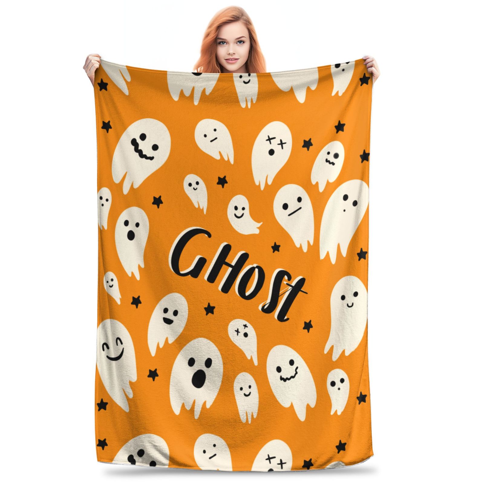 Personalized Print Cute Cartoon Ghost Yellow Blanket Ultra-Soft Cozy Fleece Throw
