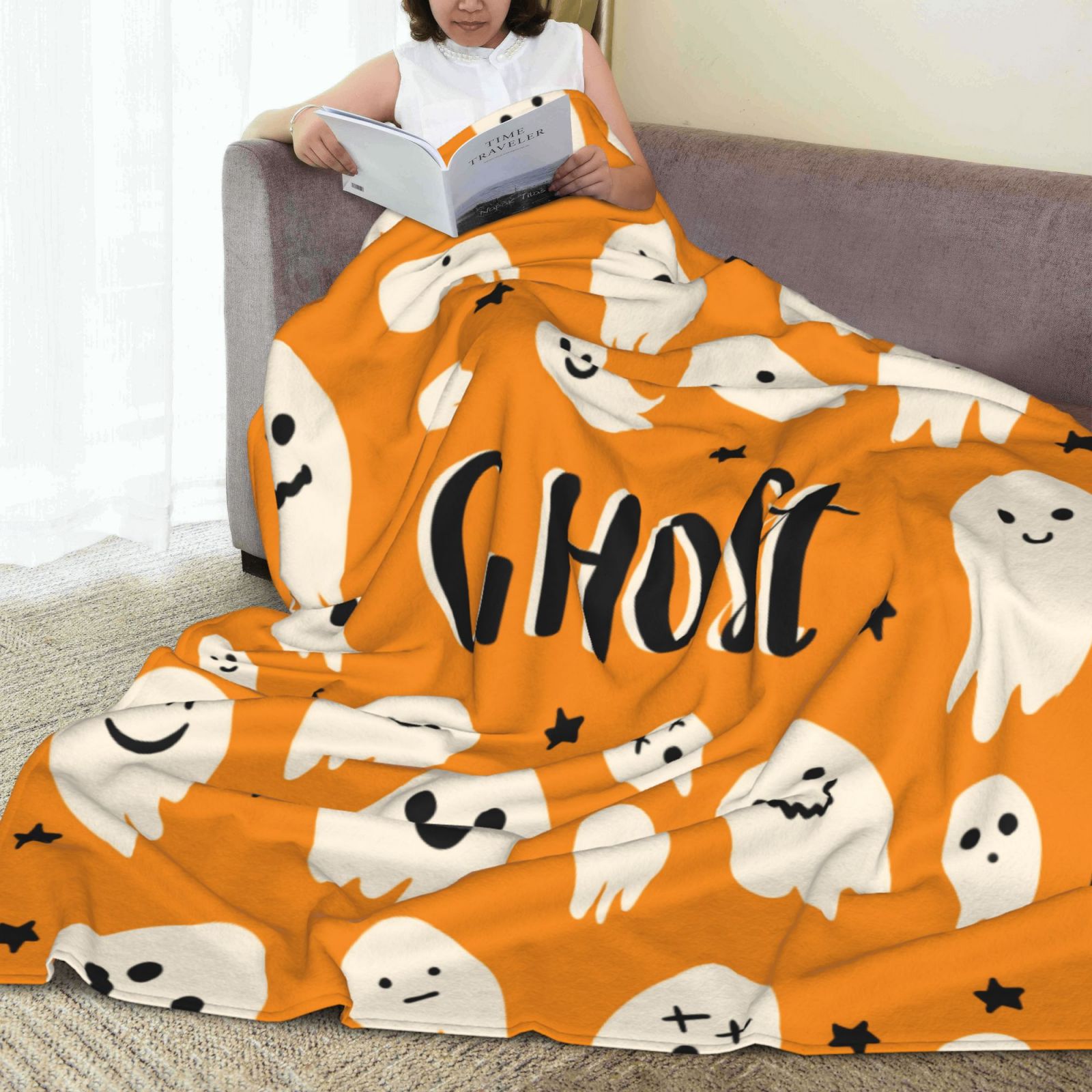 Personalized Print Cute Cartoon Ghost Yellow Blanket Ultra-Soft Cozy Fleece Throw